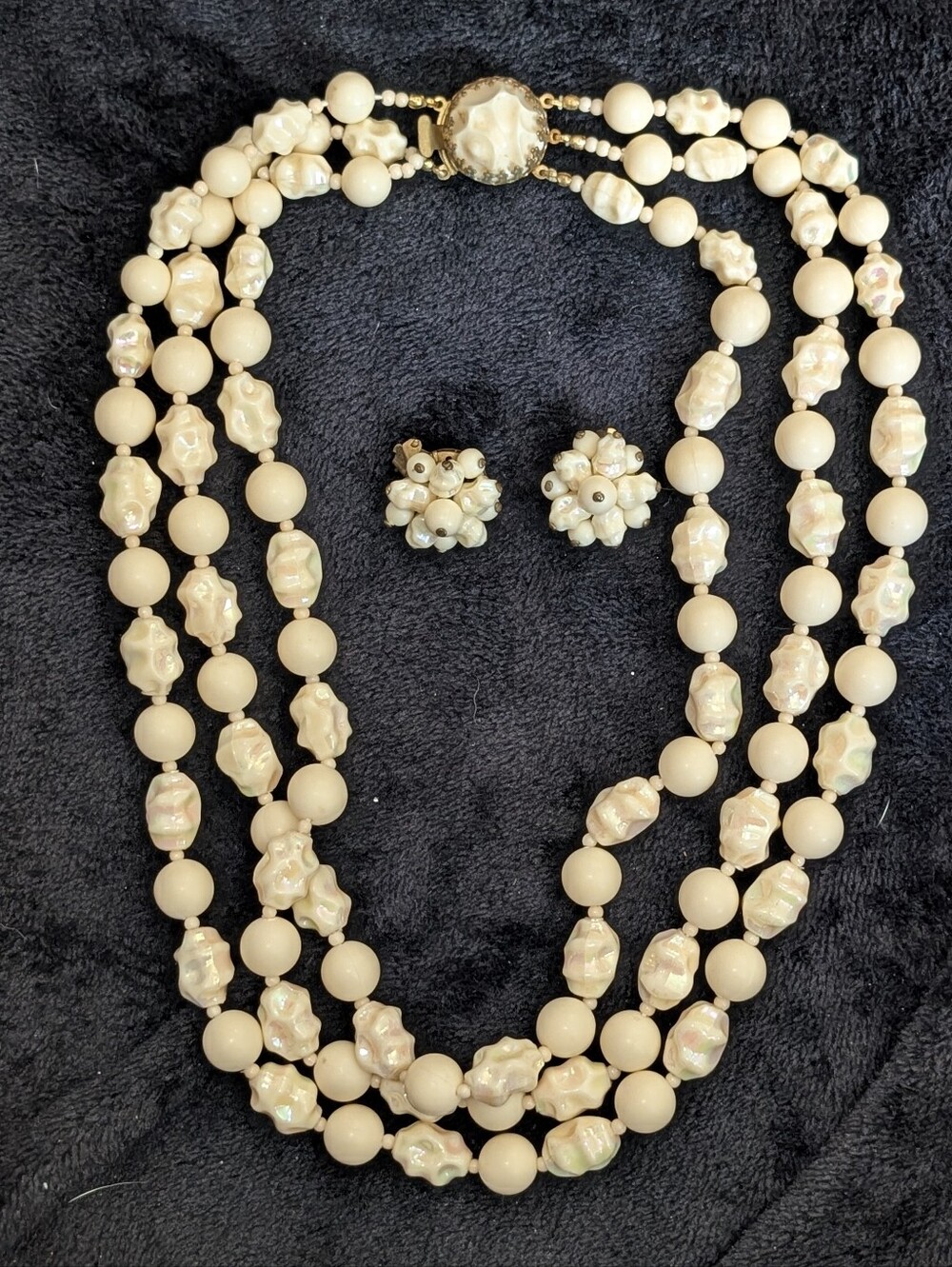 Vintage Made In Austria 3 Strand Necklace And Clip On Earrings